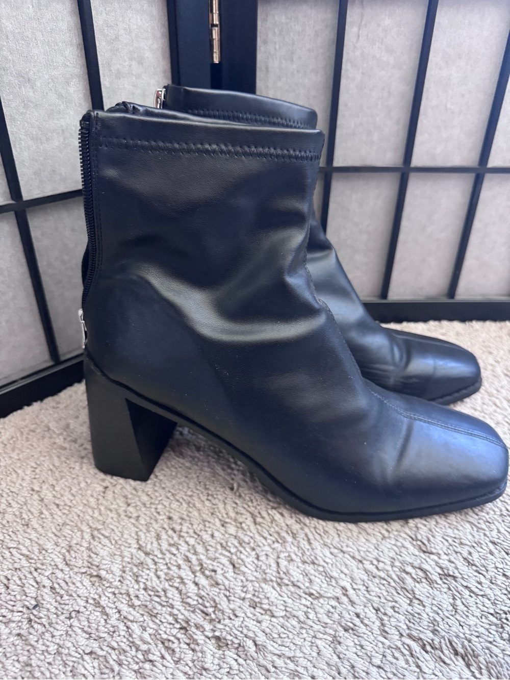 Nasty Gal Black Leather Square-Toe Ankle Boots with Block Heel